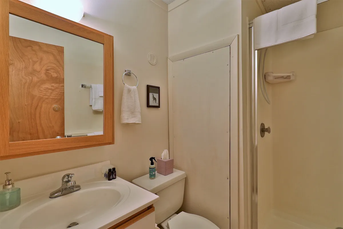 A bright, modern bathroom with a large mirror, spacious sink, toilet, and a visible shower area. The overall mood is calm and tidy, suggesting a comfortable, functional space for self-care and refreshment.