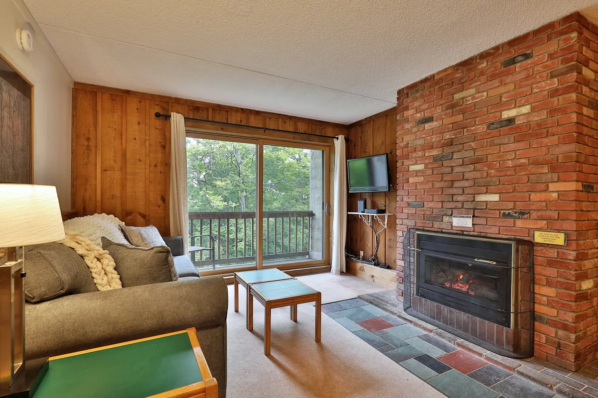 This image depicts a cozy living area featuring a gas fireplace as the focal point, with a comfortable sofa positioned nearby. Large windows let in natural light, while wooden accents add warmth and character to the room. The setup is perfect for relaxing by the fire, enjoying scenic views, or socializing with friends and family.