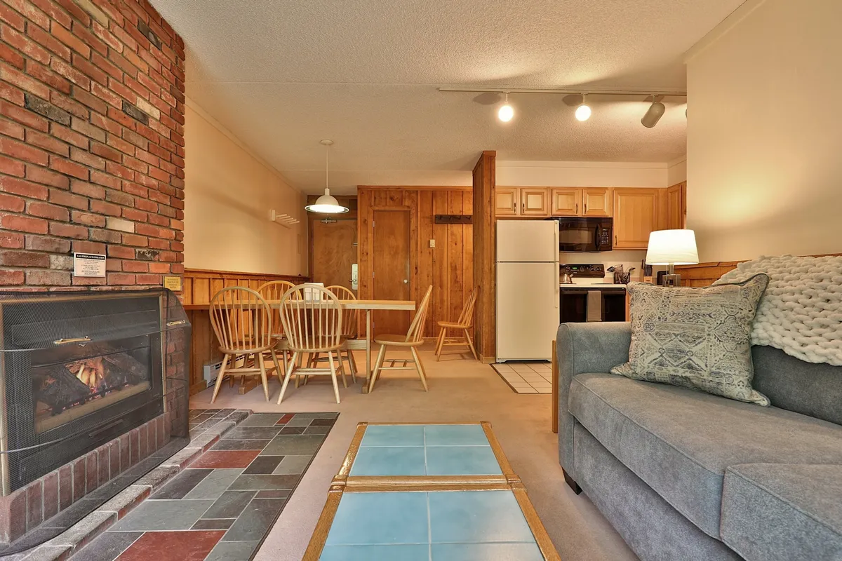 This vibrant space features a fireplace, a dining table, a cozy sofa, and an adjacent kitchen area. The room is designed for gatherings, with inviting seating and a warm overall tone. The television is also visible, making it clear that entertainment is a central part of the space.