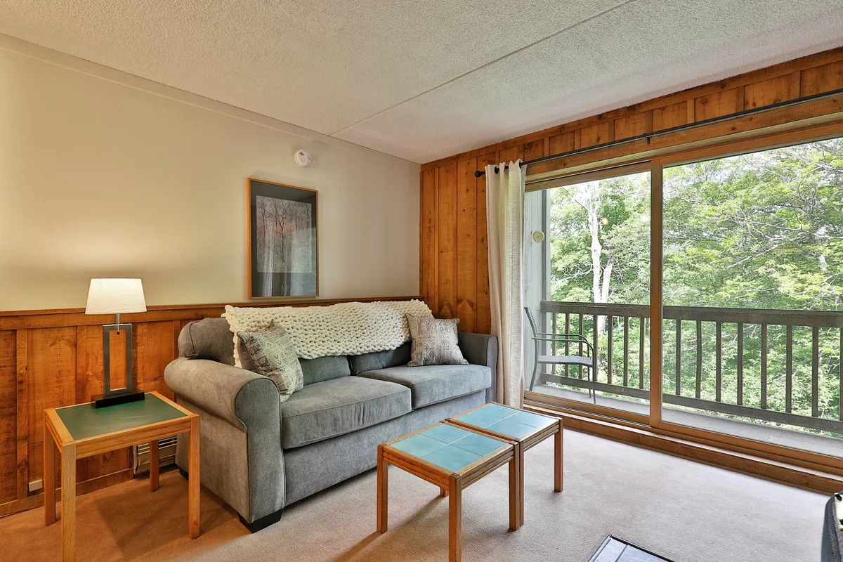 A comfortable sofa is set against wooden paneling, with large windows letting in daylight and providing glimpses of the natural landscape outside. Side tables flank the couch, suggesting a space to relax and take in the views.